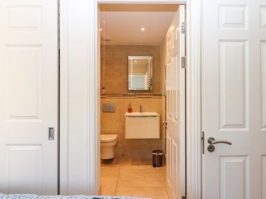 A bathroom with a wall-mounted toilet and sink a mirror and a small trash bin at 14 Burgh Island Causeway Bigbury-On-Sea