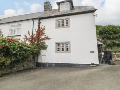 The exterior of a white house with two windows and a slate roof with plants and a stone wall nearby at Lower Culvermead in Chaddlehanger near Tavistock
