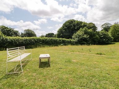 A white metal bench and a wooden table on a grassy field with trees and bushes in the background at Lower Culvermead in Chaddlehanger near Tavistock