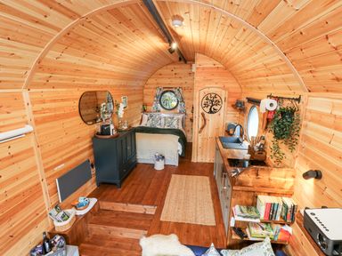 A wooden interior room with a bed a cabinet kitchen area and bookshelf at The Kites Nest in Pont-rhyd-y-groes near Pontrhydfendigaid Snowdonia