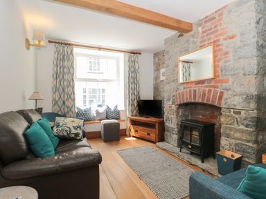 A living room with a leather sofa pillows a stone fireplace and a television at Teal House in Lyme Regis