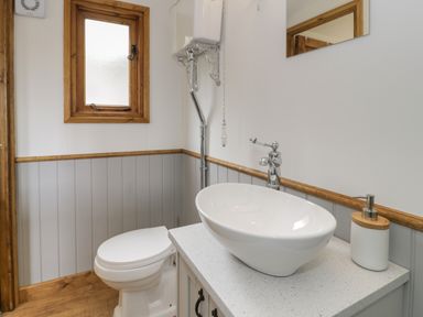 A bathroom with a toilet and a white sink basin on a countertop at Tan Y Castell Shepherds Hut in Llangollen
