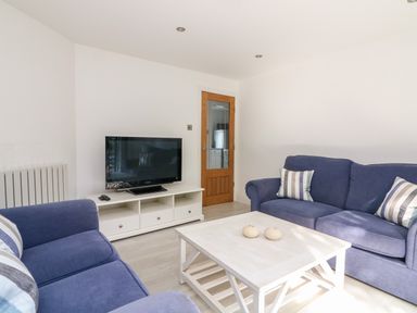 A living room with two blue sofas a white coffee table and a television on a white stand at 1 Camperdown Lodge in Salcombe