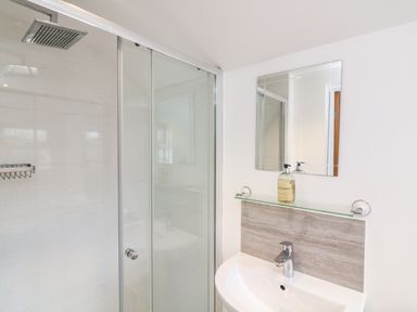 A bathroom with a glass shower enclosure and a sink with a mirror and soap dispenser above it at 1 Camperdown Lodge in Salcombe