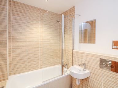 A bathroom with a bathtub shower combination a small sink with a faucet and a mirror above at 1 Camperdown Lodge in Salcombe