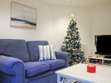 A living room with a blue sofa a Christmas tree and a white coffee table with a red candle at 1 Camperdown Lodge in Salcombe