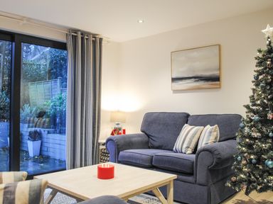 A living room with a sofa two striped pillows a coffee table with a red candle painting on the wall and a decorated Christmas tree at 1 Camperdown Lodge in Salcombe