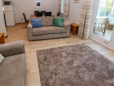 A living room with two sofas a rug and dining table near a window at Primrose Cottage in Goldenbank near Falmouth