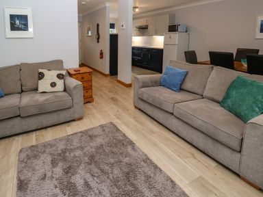 A living room with two sofas and cushions a wooden side table a grey rug and kitchen area at Primrose Cottage Goldenbank near Falmouth