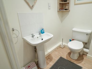 A bathroom with a pedestal sink, toilet, wall-mounted wooden shelf with small boat models and wooden floor at Primrose Cottage Goldenbank near Falmouth