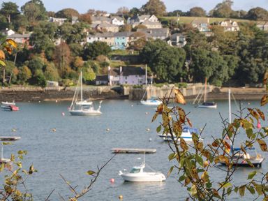 A waterway with boats and houses in the background with trees and autumn leaves in the foreground at Primrose Cottage Goldenbank near Falmouth