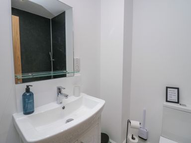 A bathroom with a white sink a mirror toilet and cleaning brush at Dalegarth Hall Farm Cottage 1 Boot near Eskdale Green