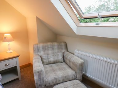 A checkered armchair with matching footstool next to a side table with a lamp under a skylight window at Gelli Barn Near Llandeilo