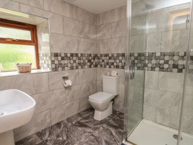 A bathroom with a toilet sink shower and tiled walls and floor at Gelli Barn Near Llandeilo