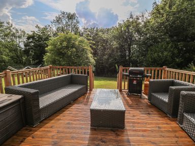 An outdoor wooden deck with rattan sofa chairs a glass top coffee table and a barbecue grill at Gelli Barn Near Llandeilo