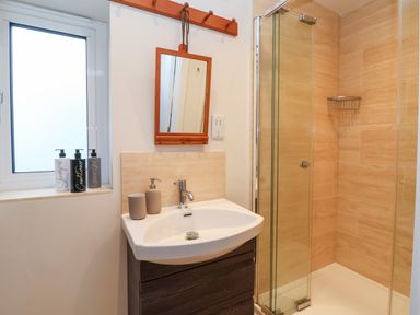 A bathroom with a sink a mirror a glass shower enclosure and toiletry bottles on windowsill at Pebbles in Southwold