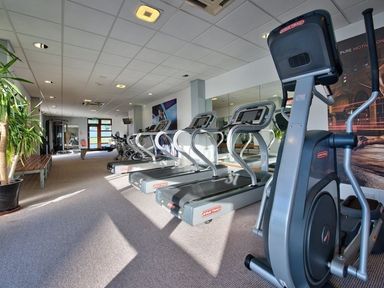 A gym room with treadmills exercise machines a plant and a bench at E19 The Warren in Abersoch