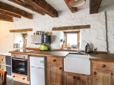 A kitchen with wooden cabinets a white sink a small fridge oven microwave and small windows at Ty Fferm Hen in Talybont-on-Usk