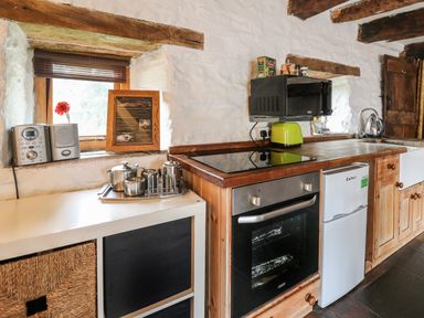 A kitchen with a microwave oven fridge oven sink and wooden cabinets at Ty Fferm Hen in Talybont-on-Usk