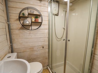 A bathroom with a shower cubicle a toilet a sink and a round wall shelf with decorations at Ty Bach Twt in Talybont-on-Usk