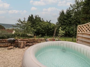 An outdoor area with an inflatable hot tub a barbecue grill tree stump wooden fence and trees at Ty Olwyn Bach in Talybont-on-Usk