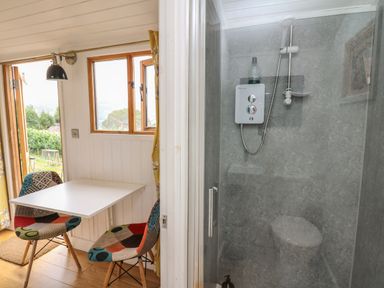 A small dining area with a white table and two colorful chairs next to a window and an adjacent bathroom with a shower and toilet behind a glass door at Ty Olwyn Bach in Talybont-on-Usk