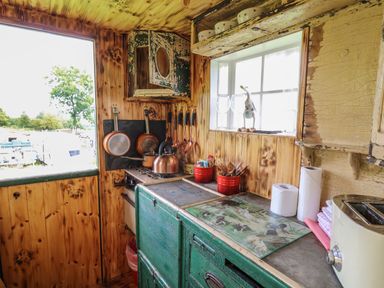 A small rustic kitchen with wooden walls copper pans on the stove and green cabinets at Ty Gwenyn in Talybont-On-Usk