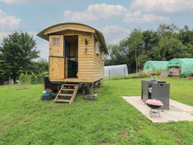 A wooden garden hut with an open door on a grassy lawn next to a seating area with chairs and a small pink grill at Ty Gwenyn in Talybont-On-Usk