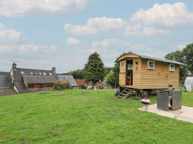 A small wooden mobile cabin on a grassy area near a table with two chairs and a small grill at Ty Gwenyn in Talybont-On-Usk