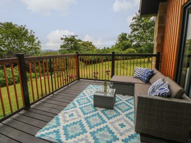 A wooden deck with a wicker sofa with blue patterned cushions a small table with a wine bottle and glasses and a blue patterned rug at The Bothy Riding Hills in Riding Mill near Corbridge