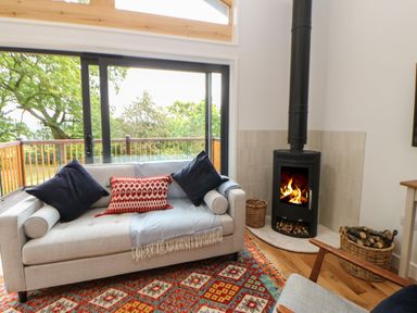 A living room with a beige sofa with pillows facing a black wood stove with fire next to baskets of logs at The Bothy Riding Hills in Riding Mill near Corbridge