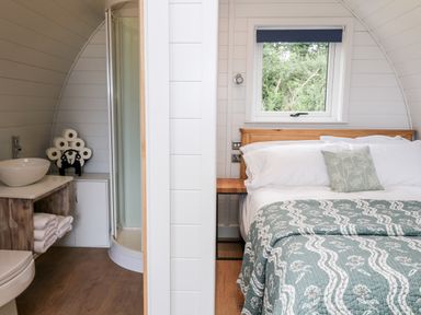 A bedroom with a bed and a bathroom with a shower and sink at Oak in Elmgate near Saltash
