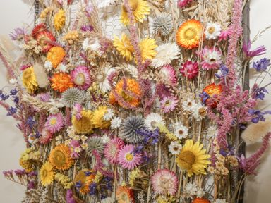 A collection of various dried flowers arranged on a wire mesh frame at The Old Chapel in Dorstone near Hay-on-Wye