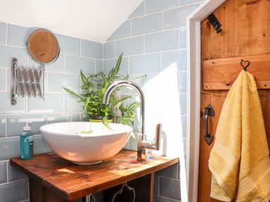 A bathroom sink with a plant soap dispenser and a yellow towel hanging on the door at The Barn at Trevothen Farm in Coverack