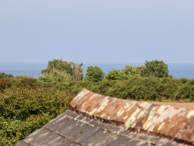 A landscape view with trees and bushes overlooking the sea beyond a tiled roof at The Barn at Trevothen Farm in Coverack
