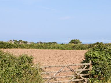 A wooden gate in front of a plowed field with green bushes and houses in the distance at The Barn at Trevothen Farm in Coverack