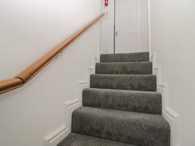 A carpeted staircase with a wooden handrail and a white door at the top at Betty's Loft in Hawkshead