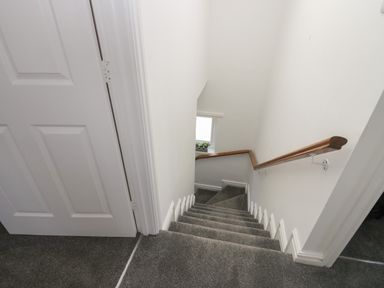 A carpeted staircase with a wooden handrail leading down past a white door and a small window with plants at Betty's Loft in Hawkshead