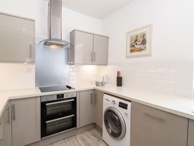 A kitchen with a built in oven hob washing machine grey cabinets and a painting of ducks on the wall at Fell View in Clappersgate near Ambleside