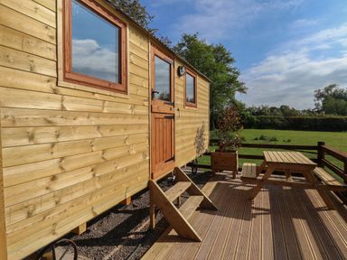 A wooden tiny house with steps leading to the door and a picnic table on a deck at The Oak Hut in Coton near Whitchurch