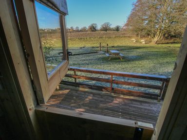 A wooden deck with a railing viewed through an open window overlooking a grassy yard with a picnic table and sheep at The Oak Hut in Coton near Whitchurch