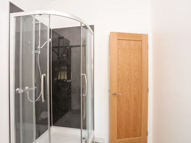 A bathroom with a glass enclosed shower and a wooden door at Stabal Bach in Criccieth