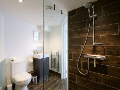 A bathroom with a toilet, sink, mirror, towel rack, and shower with dark wood tiles at Waves End in St Ives