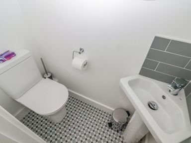 A small bathroom with a toilet tissue roll holder a toilet a sink with tiled backsplash and a small trash bin at Gwynfryn in Pen-Clawdd