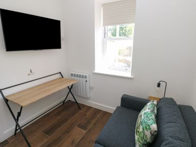 A small room with a wall-mounted TV a wooden desk a sofa with a green leaf patterned cushion and a window at Gwynfryn in Pen-Clawdd