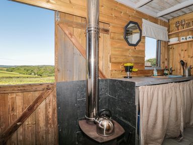 A rustic kitchen corner with a stove and a kettle next to a wooden door and counter at The Snug in Dulverton