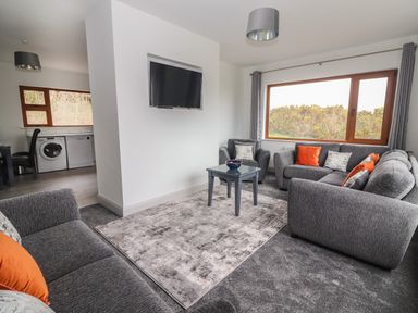 A living room with grey sofas orange and patterned cushions a small table and a wall mounted TV at Gortnamona in Coolnaharragill Lower near Glenbeigh County Kerry