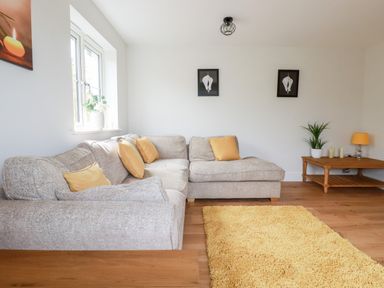 A living room with a grey sofa with yellow cushions a yellow rug wooden coffee table with a lamp and plants at Chynoweth House in Cubert