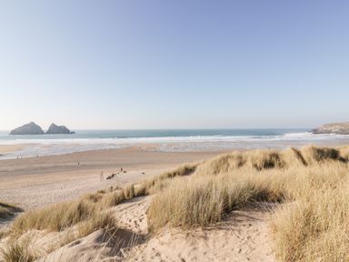 A beach with sand dunes and grass with sea and rocks in the distance at Chynoweth House in Cubert