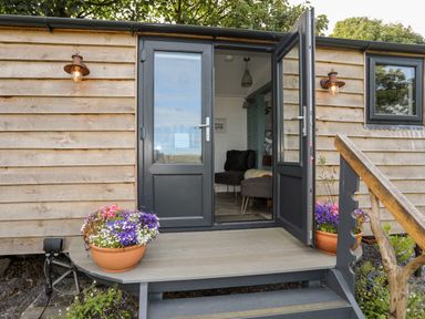 An open door to a wooden cabin with potted flowers on the porch at Shepherds Stone in Llanfairynghornwy near Llanfaethlu